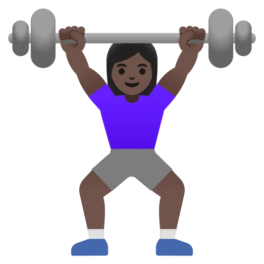 The woman lifting weights: dark skin tone emoji.