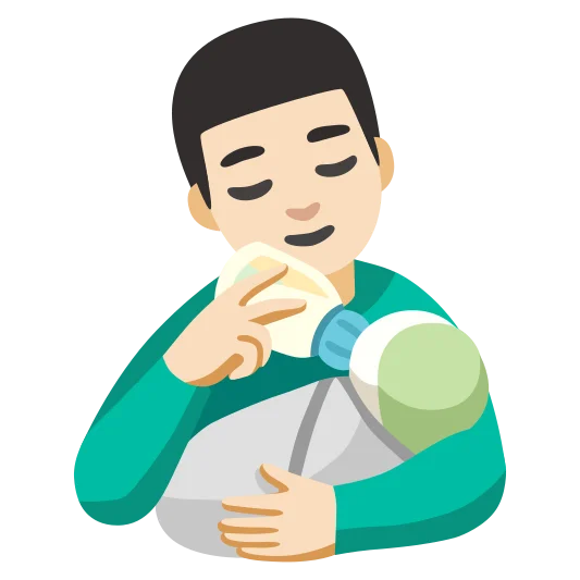 The man feeding baby: light skin tone emoji.