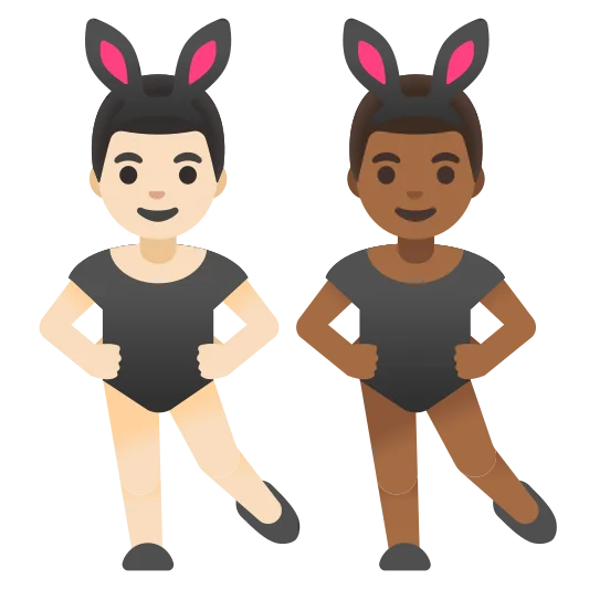 The men with bunny ears: light skin tone, medium-dark skin tone emoji.
