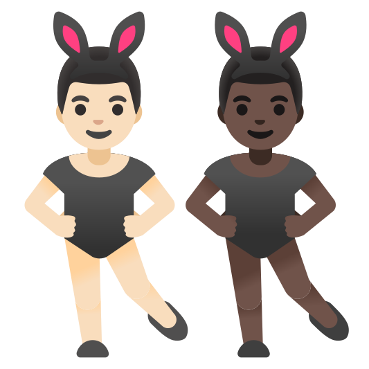 The men with bunny ears: light skin tone, dark skin tone emoji.