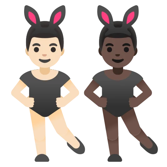 The men with bunny ears: light skin tone, dark skin tone emoji.