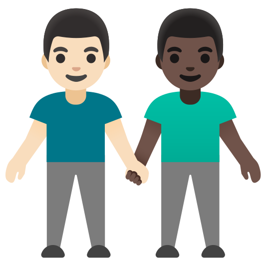 The men holding hands: light skin tone, dark skin tone emoji.