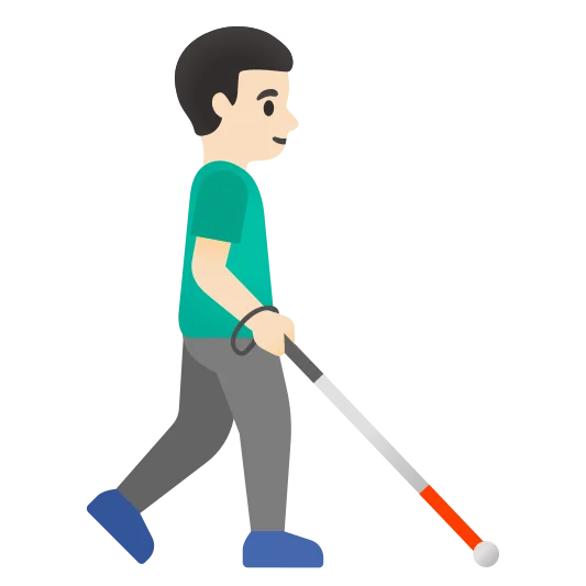 The man with white cane facing right: light skin tone emoji.