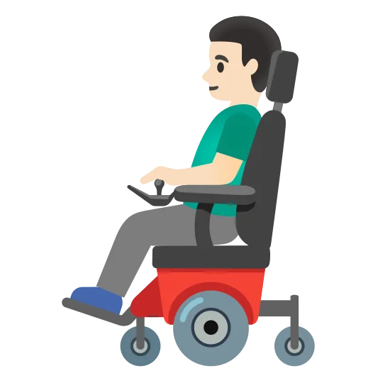 The man in motorized wheelchair: light skin tone emoji.