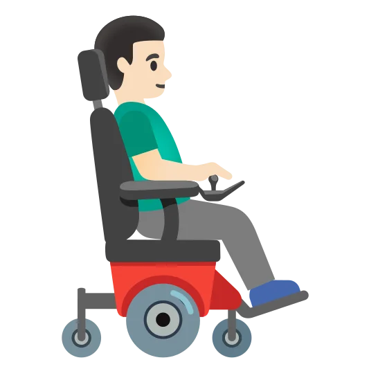 The man in motorized wheelchair facing right: light skin tone emoji.