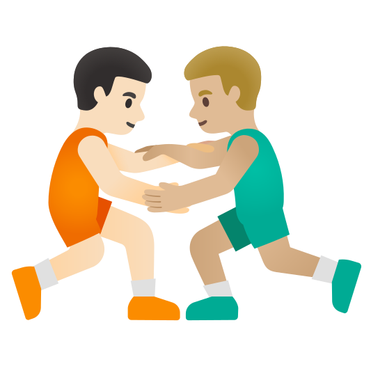The men wrestling: light skin tone, medium-light skin tone emoji.
