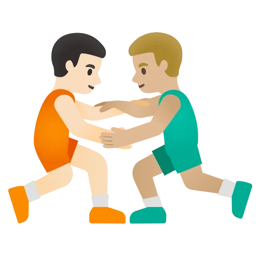 The men wrestling: light skin tone, medium-light skin tone emoji.