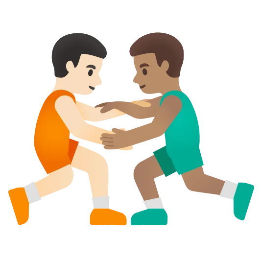 The men wrestling: light skin tone, medium skin tone emoji.