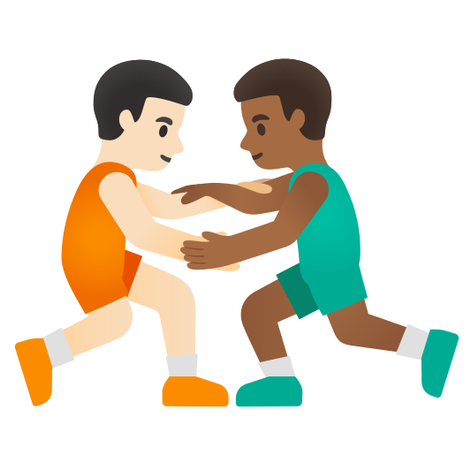 The men wrestling: light skin tone, medium-dark skin tone emoji.