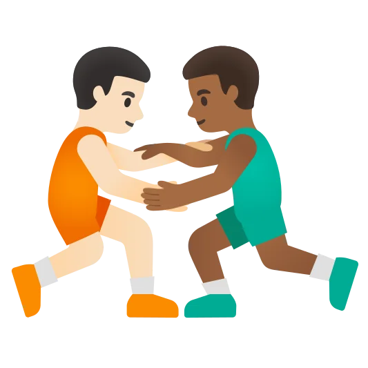 The men wrestling: light skin tone, medium-dark skin tone emoji.