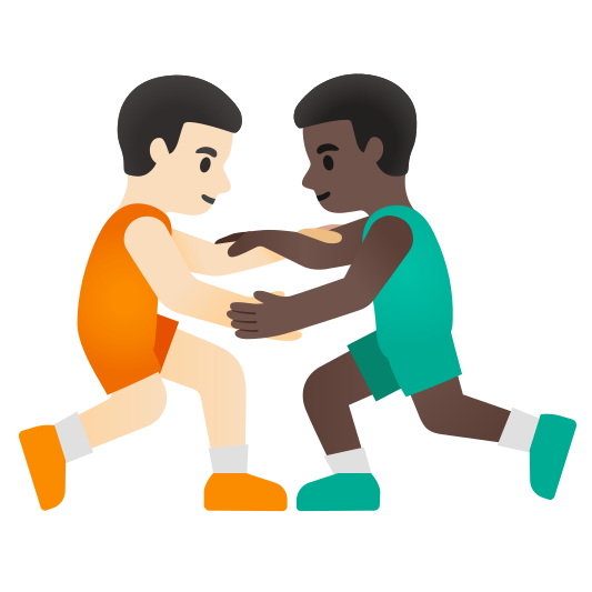 The men wrestling: light skin tone, dark skin tone emoji.