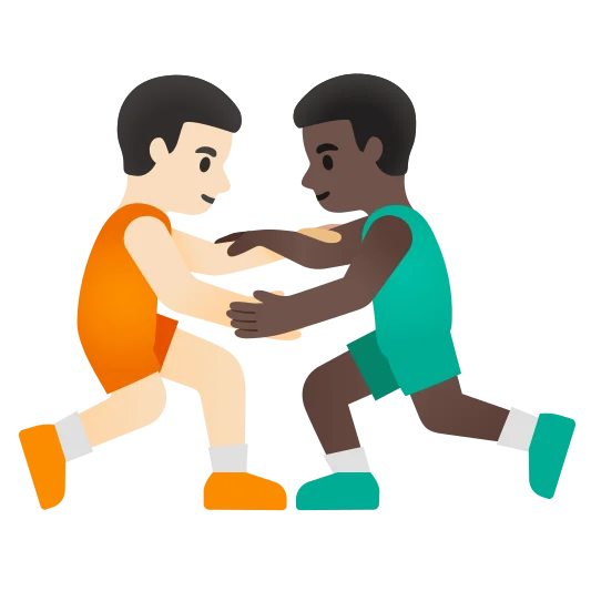 The men wrestling: light skin tone, dark skin tone emoji.