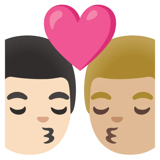 The kiss: man, man: light skin tone, medium-light skin tone emoji.