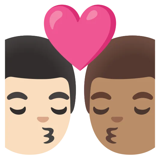 The kiss: man, man: light skin tone, medium skin tone emoji.