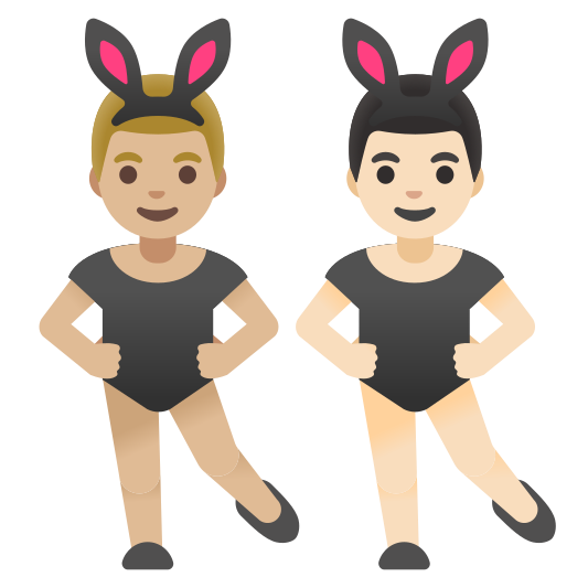 The men with bunny ears: medium-light skin tone, light skin tone emoji.