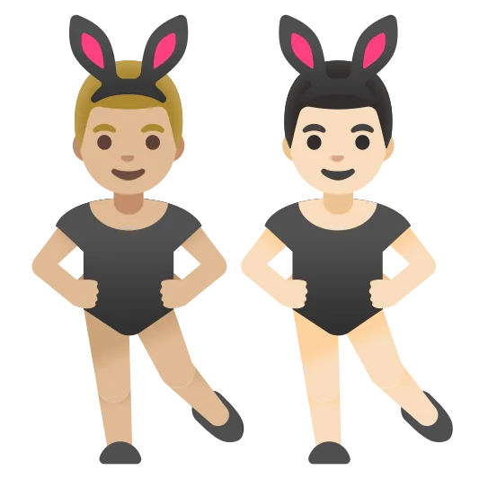 The men with bunny ears: medium-light skin tone, light skin tone emoji.