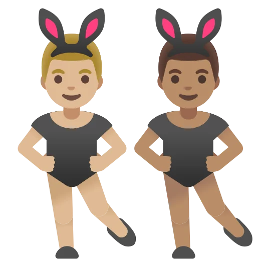 The men with bunny ears: medium-light skin tone, medium skin tone emoji.