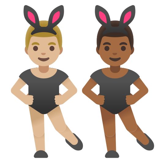 The men with bunny ears: medium-light skin tone, medium-dark skin tone emoji.