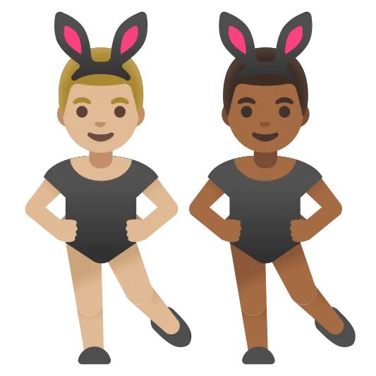 The men with bunny ears: medium-light skin tone, medium-dark skin tone emoji.