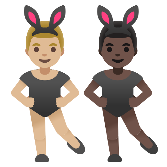 The men with bunny ears: medium-light skin tone, dark skin tone emoji.