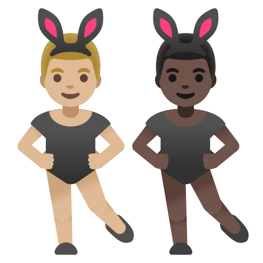 The men with bunny ears: medium-light skin tone, dark skin tone emoji.
