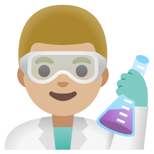 The man scientist: medium-light skin tone emoji.