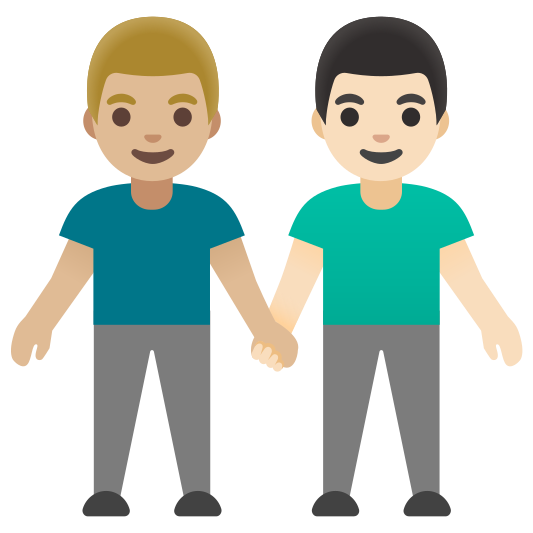 The men holding hands: medium-light skin tone, light skin tone emoji.