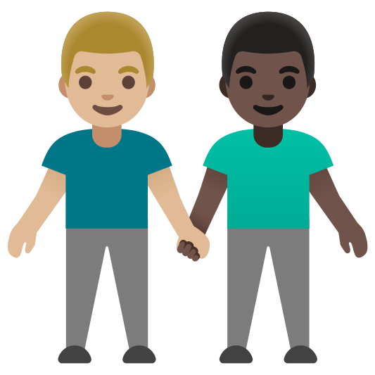 The men holding hands: medium-light skin tone, dark skin tone emoji.