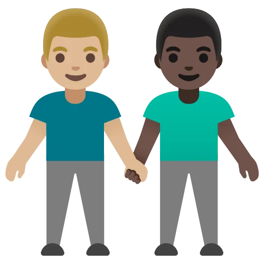 The men holding hands: medium-light skin tone, dark skin tone emoji.