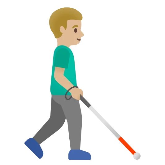 The man with white cane facing right: medium-light skin tone emoji.