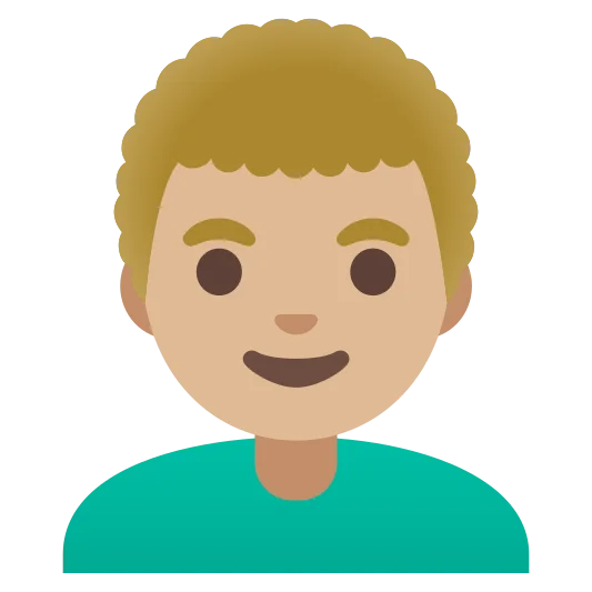 The man: curly hair: medium-light skin tone emoji.