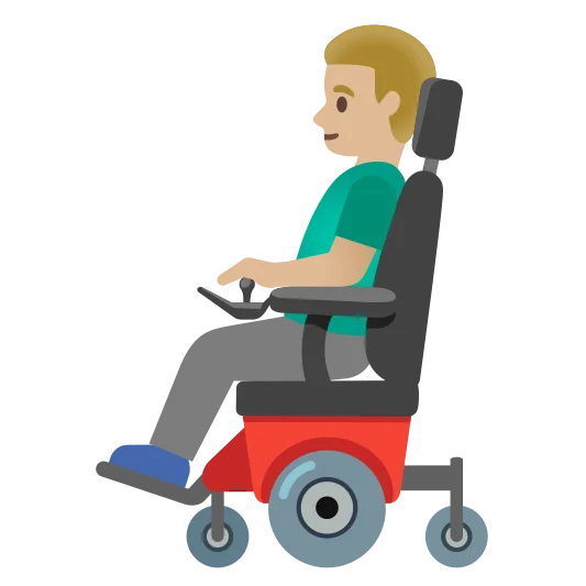 The man in motorized wheelchair: medium-light skin tone emoji.