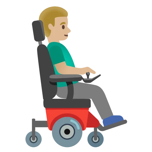 The man in motorized wheelchair facing right: medium-light skin tone emoji.