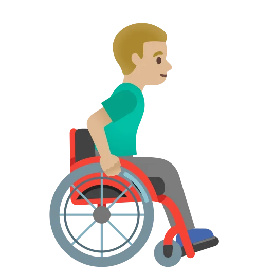 The man in manual wheelchair facing right: medium-light skin tone emoji.