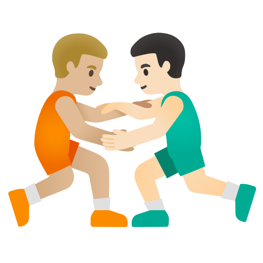 The men wrestling: medium-light skin tone, light skin tone emoji.
