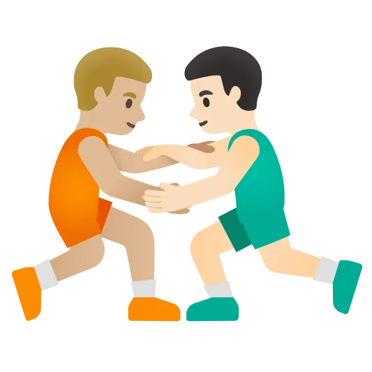 The men wrestling: medium-light skin tone, light skin tone emoji.