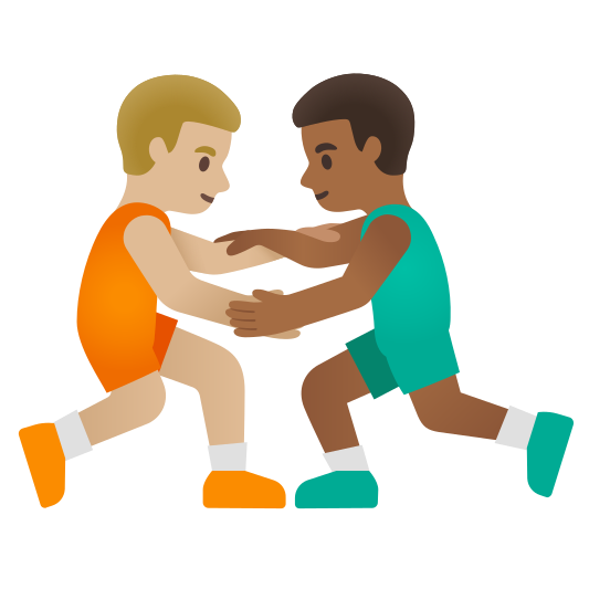 The men wrestling: medium-light skin tone, medium-dark skin tone emoji.