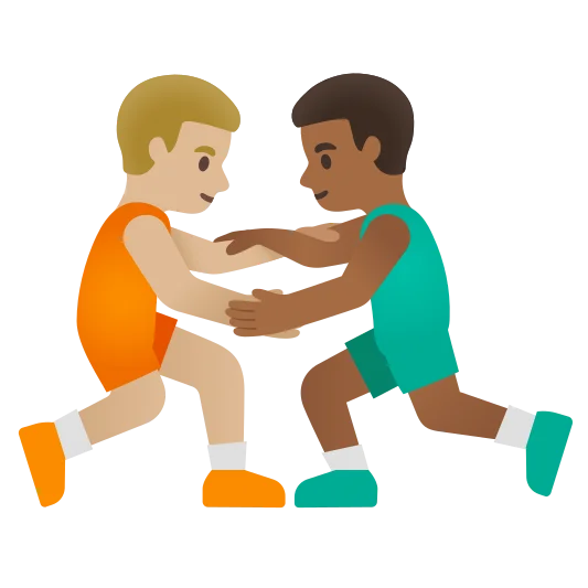 The men wrestling: medium-light skin tone, medium-dark skin tone emoji.