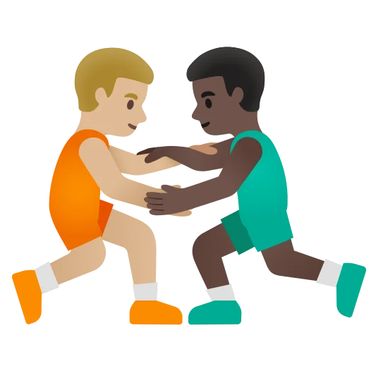 The men wrestling: medium-light skin tone, dark skin tone emoji.