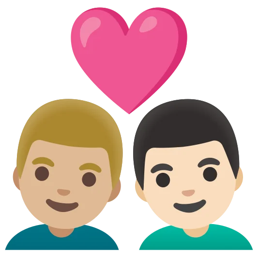 The couple with heart: man, man: medium-light skin tone, light skin tone emoji.