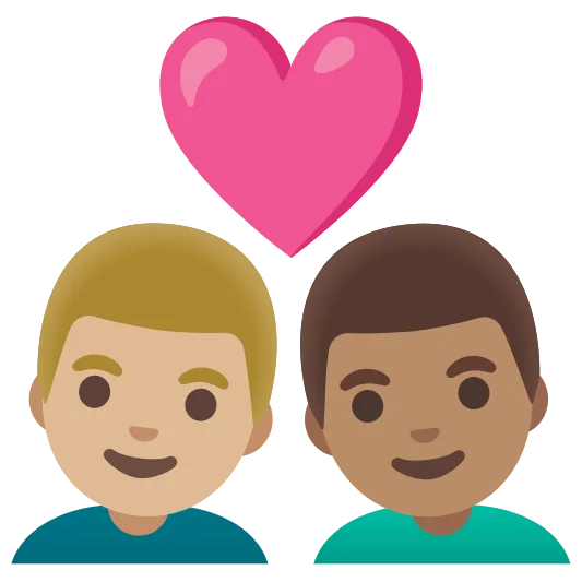 The couple with heart: man, man: medium-light skin tone, medium skin tone emoji.