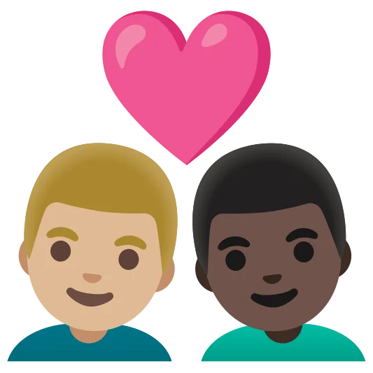 The couple with heart: man, man: medium-light skin tone, dark skin tone emoji.