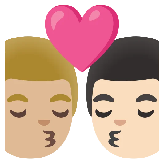 The kiss: man, man: medium-light skin tone, light skin tone emoji.