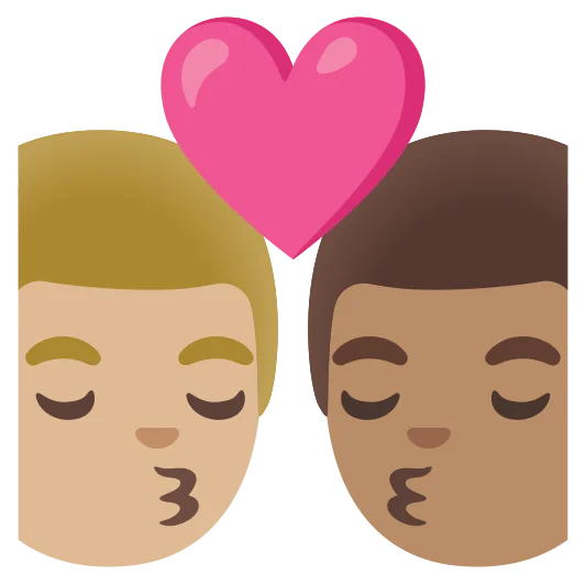 The kiss: man, man: medium-light skin tone, medium skin tone emoji.