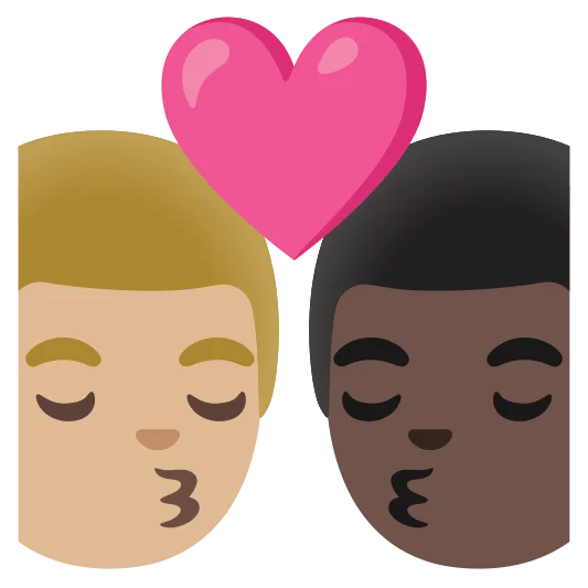 The kiss: man, man: medium-light skin tone, dark skin tone emoji.