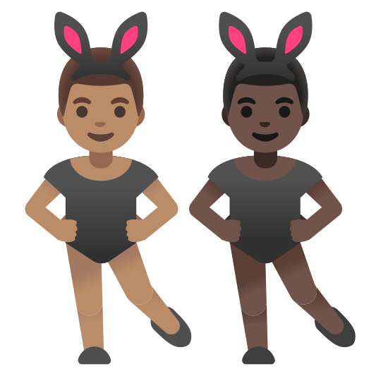 The men with bunny ears: medium skin tone, dark skin tone emoji.