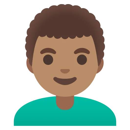 The man: curly hair: medium skin tone emoji.