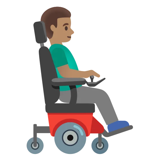 The man in motorized wheelchair facing right: medium skin tone emoji.