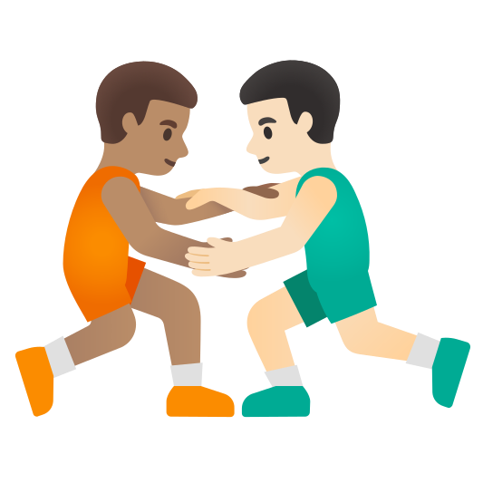 The men wrestling: medium skin tone, light skin tone emoji.
