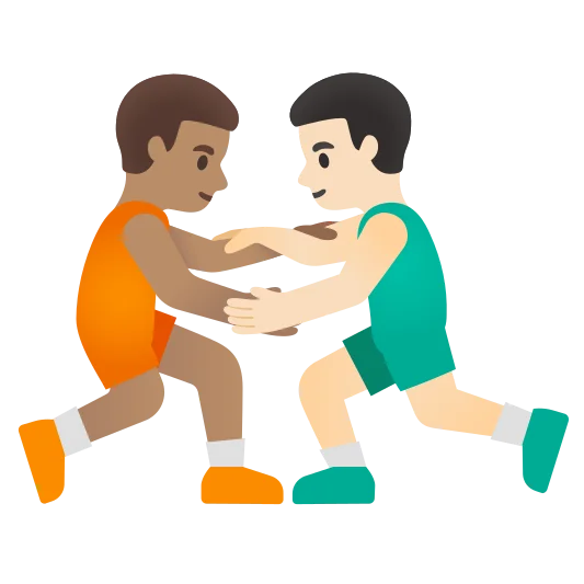 The men wrestling: medium skin tone, light skin tone emoji.